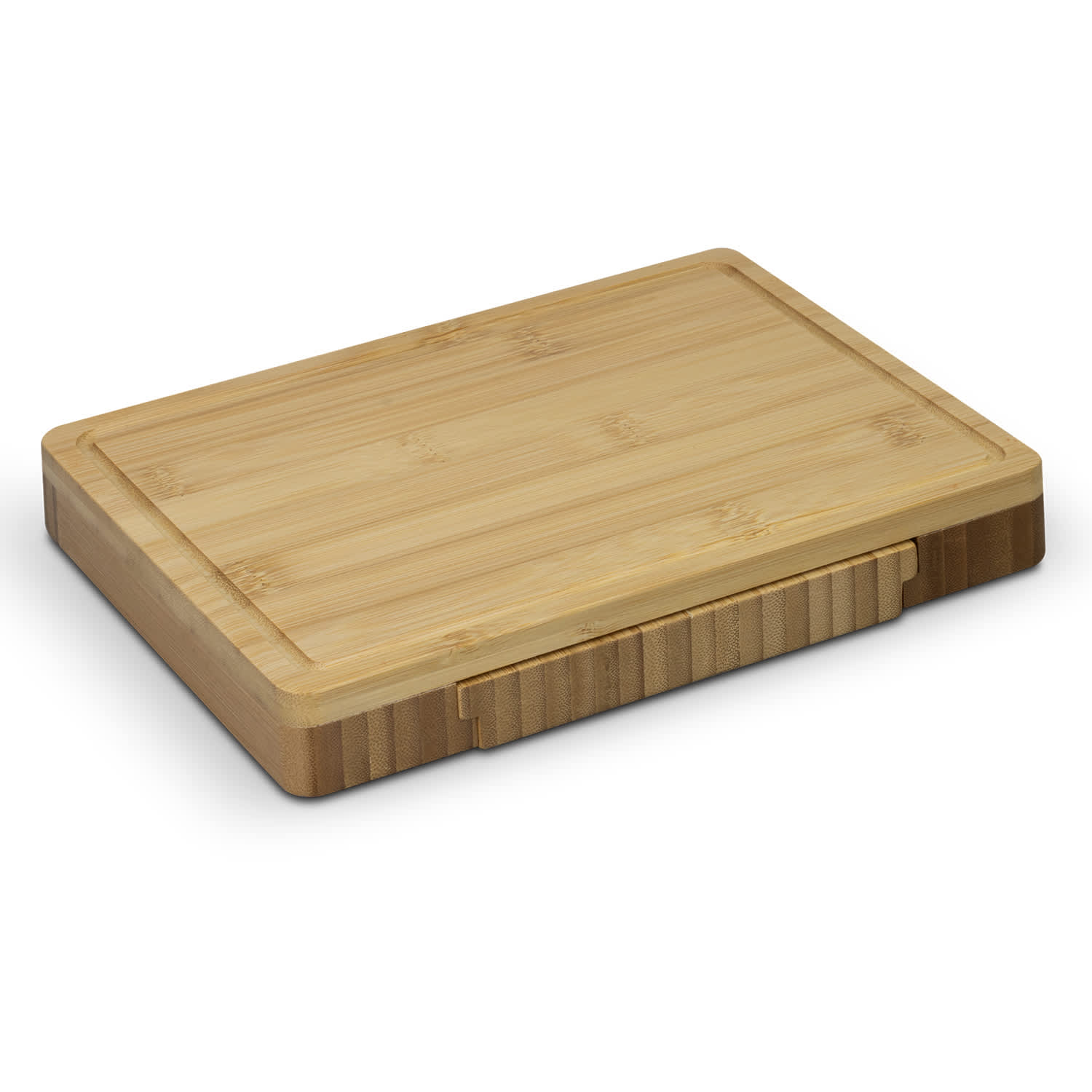 Quality rectangular bamboo cheese board with a slide out cutlery drawer including two cheese knives and a cheese fork